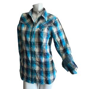 NWT Roper Women’s Western Pearl Snap Shirt Medium Turquoise Blue Plaid Cowgirl